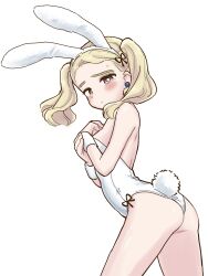 Rule 34 | 1girl, absurdres, animal ears, ass, bare legs, blonde hair, blush, closed mouth, commentary request, cowboy shot, earrings, eisu (eith), embarrassed, fake animal ears, fake tail, green eyes, half-closed eyes, hand on own arm, harsha (eisu), highres, jewelry, leotard, light frown, looking at viewer, medium hair, original, rabbit ears, rabbit tail, simple background, solo, standing, strapless, strapless leotard, stud earrings, sweatdrop, swept bangs, tail, textless version, white background, white leotard, wristband