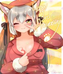 Rule 34 | 1girl, animal ears, anniversary, breasts, brown hair, cleavage, coroha, extra ears, fox ears, fox girl, grey hair, hat, island fox (kemono friends), jacket, kemono friends, kemono friends v project, large breasts, looking at viewer, one eye closed, ribbon, simple background, solo, twintails, virtual youtuber, yellow background, yellow eyes
