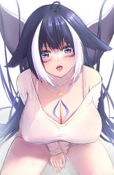 Rule 34 | 1girl, absurdres, ahoge, animal ears, black hair, blush, body markings, breasts, cetacean tail, commentary, covered erect nipples, fins, fish tail, heart, heart ahoge, highres, indie virtual youtuber, k 9, large breasts, long hair, looking at viewer, multicolored hair, nipples, open mouth, orca girl, purple eyes, shylily, streaked hair, tail, very long hair, virtual youtuber, white hair