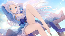 Rule 34 | 1girl, arms behind head, arms up, barefoot, between toes, blue bow, blue eyes, blue sky, bow, breasts, center opening, character request, cleavage, cloud, cloudy sky, copyright request, day, dress, dutch angle, feet, floating hair, holding with feet, forehead, frilled dress, frills, juliet sleeves, large breasts, leg up, long hair, long sleeves, outdoors, puffy sleeves, silver hair, sitting, sky, solo, thighs, toes, very long hair, xiao ren