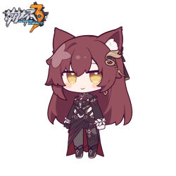 Rule 34 | 1girl, animal ear fluff, animal ears, black dress, black footwear, black gloves, blush stickers, boots, breasts, brown hair, chibi, closed mouth, commentary request, copyright name, dress, eden (honkai impact), eta, flower, full body, gloves, hair between eyes, honkai (series), honkai impact 3rd, long hair, long sleeves, looking at viewer, medium breasts, pantyhose, simple background, single glove, smile, solo, standing, very long hair, white background, white flower, yellow eyes