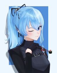Rule 34 | 1girl, black shirt, blue eyes, blue hair, blush, chopsticks, closed mouth, earrings, eipanguino, floral print, food, hair ribbon, high ponytail, highres, holding, holding chopsticks, hololive, hoshimachi suisei, hoshimachi suisei (shout in crisis), jewelry, lips, long hair, long sleeves, looking at viewer, makizushi, revision, ribbon, rose print, shirt, simple background, solo, sushi, turtleneck, upper body, virtual youtuber, wing hair ornament