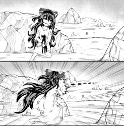 Rule 34 | 1girl, 2koma, ass, barefoot, bow, comic, commentary request, debt, dress, emphasis lines, full body, ginbuchi, gloom (expression), goddess of victory: nikke, greyscale, hair between eyes, hair bow, highres, long hair, messy hair, monochrome, open mouth, rock, stuffed animal, stuffed cat, stuffed toy, touhou, very long hair, yorigami shion