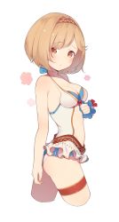 Rule 34 | 1girl, arm behind back, ass, blush, bow, breasts, brown eyes, cleavage, closed mouth, commentary request, cowboy shot, cropped legs, djeeta (granblue fantasy), djeeta (summer) (granblue fantasy), frilled swimsuit, frills, from side, gin00, granblue fantasy, hairband, halterneck, highres, looking at viewer, medium breasts, one-piece swimsuit, red bow, short hair, simple background, solo, standing, stomach, swimsuit, thigh strap, white background, white one-piece swimsuit