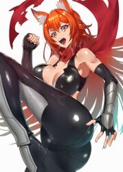 Rule 34 | 1girl, aiyana (claire&#039;s quest), animal ear fluff, animal ears, ass, breasts, commission, detached sleeves, highres, ippo, large breasts, leather, long hair, one leg raised, open mouth, orange hair, scarf