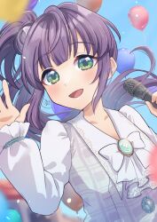 Rule 34 | 1girl, absurdres, balloon, birthday, blue background, blush, collarbone, commentary, green eyes, highres, holding, holding microphone, kyaku tasu, link! like! love live!, long hair, long sleeves, looking at viewer, love live!, microphone, otomune kozue, purple hair, side ponytail, signature, smile, solo, upper body, virtual youtuber