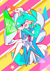 Rule 34 | 1girl, absurdres, arm up, blush, bob cut, collarbone, colored skin, coo (bkkm3910), creatures (company), english text, female focus, flat chest, game freak, gardevoir, gen 3 pokemon, green hair, green skin, hair between eyes, hand up, happy, head tilt, highres, knees together feet apart, leaning to the side, looking at viewer, multicolored background, multicolored skin, nintendo, one eye closed, open mouth, pokemon, pokemon (creature), red eyes, shiny skin, short hair, sitting, smile, solo, star (symbol), striped, striped background, talking, two-tone skin, waving, white skin, wink