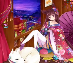 Rule 34 | 1girl, animal, animal ear fluff, animal ears, ass, bad id, bad pixiv id, ball, blush, boots, brown eyes, brown hair, brown skirt, building, cityscape, closed mouth, cloud, cloudy sky, curtains, flower, fox, hair flower, hair ornament, head tilt, highres, indoors, japanese clothes, kimono, layered clothes, layered kimono, long hair, long sleeves, oil-paper umbrella, open clothes, open kimono, origami, original, paper crane, pleated skirt, purple flower, purple footwear, purple sky, red flower, red kimono, red umbrella, sitting, skirt, sky, sleeves past wrists, solo, temari ball, thighhighs, tsukiyo (skymint), umbrella, very long hair, white thighhighs, wide sleeves