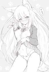 Rule 34 | 1girl, animal ears, bad id, bad pixiv id, blazer, bow, bow panties, breasts, clothes lift, condom, contrapposto, covered erect nipples, cowboy shot, dress shirt, fox ears, fox tail, greyscale, holding, holding condom, jacket, lifting own clothes, long hair, looking at viewer, medium breasts, monochrome, navel, original, panties, paw print, paw print background, pleated skirt, presenting, revision, shirt, skirt, skirt lift, smile, solo, standing, tail, two side up, underwear, very long hair, zaiyasu