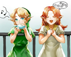 Rule 34 | 1boy, 1girl, blonde hair, blue eyes, brown hair, closed eyes, gameplay mechanics, instrument, link, long hair, lowres, malon, muse (rainforest), music, musical note, nintendo, ocarina, pointy ears, singing, smile, the legend of zelda, the legend of zelda: ocarina of time, young link, aged down