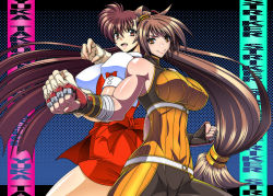 Rule 34 | 2girls, back-to-back, breasts, brown hair, cowboy shot, dnf duel, dungeon and fighter, fighter (dungeon and fighter), fighting stance, fingerless gloves, gloves, hamon ai, large breasts, long hair, looking at viewer, multiple girls, orange eyes, ponytail, sideboob, smile, striker (dungeon and fighter), takeuchi yuka, variable geo, very long hair, waitress