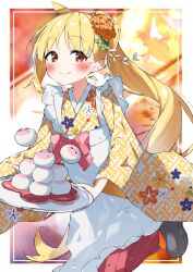Rule 34 | 1girl, absurdres, ahoge, apron, black footwear, blonde hair, blush, bocchi the rock!, brown eyes, closed mouth, commentary request, floral print, food, highres, holding, holding tray, ijichi nijika, japanese clothes, kimono, long hair, long sleeves, looking at viewer, maid, maid apron, official alternate costume, one side up, print kimono, shoes, smile, solo, suta0822, tray, wa maid, white apron, wide sleeves, yellow kimono