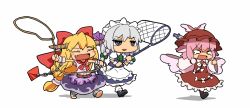 Rule 34 | &gt;:d, 3girls, :d, apron, blonde hair, bow, braid, butterfly net, chain, chibi, closed eyes, crying, crying with eyes open, full body, grey hair, hair bow, hand net, hat, horns, ibuki suika, izayoi sakuya, knife in head, long hair, low-tied long hair, maguro (mawaru sushi), maid headdress, multiple girls, mystia lorelei, object through head, open mouth, pink hair, rope, simple background, smile, tears, touhou, v-shaped eyebrows, white background, wings