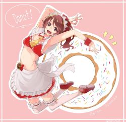 Rule 34 | 1girl, apron, arched back, bad id, bad twitter id, blouse, brown eyes, brown hair, character name, crop top, detached collar, doughnut, english text, food, frilled apron, frilled shirt, frilled skirt, frilled thighhighs, frills, full body, headdress, idolmaster, idolmaster cinderella girls, jumping, long hair, looking at viewer, medium skirt, navel, necktie, notice lines, ok sign, ponytail, red footwear, red shirt, red skirt, shiina noriko, shirt, shoes, skirt, smile, solo, thighhighs, toshio, twitter username, waist apron, white apron, white thighhighs, yellow necktie