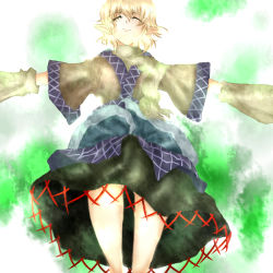 Rule 34 | 1girl, blonde hair, cowboy shot, female focus, from below, highres, japanese clothes, kimono, legs apart, mizuhashi parsee, outstretched arms, short hair, solo, standing, takuan (kyou sonogoro), takuan (pixiv), touhou