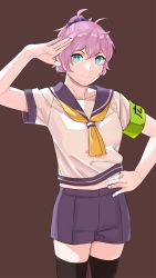 Rule 34 | 1girl, absurdres, aoba (kancolle), armband, black thighhighs, collarbone, hand on own hip, highres, kantai collection, looking at viewer, messy hair, neckerchief, ojipon, ponytail, sailor collar, school uniform, scrunchie, serafuku, short hair, short sleeves, shorts, simple background, smile, solo, thighhighs, yellow neckerchief
