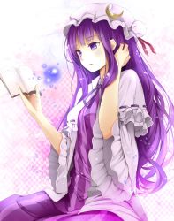 Rule 34 | 1girl, book, checkered background, crescent, female focus, frills, hat, holding, holding book, jurakin, konnyaku963, long hair, open book, open mouth, pajamas, patchouli knowledge, purple eyes, purple hair, reading, sitting, solo, touhou, very long hair, wide sleeves