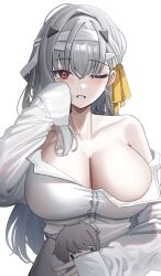 Rule 34 | 1girl, absurdres, bandaged hand, bandages, breasts, character doll, cleavage, collarbone, commentary, goddess of victory: nikke, grey hair, grin, hair between eyes, hair ornament, hair ribbon, highres, holding, jeze, large breasts, long hair, long sleeves, looking at viewer, modernia (first affection) (nikke), modernia (nikke), one eye closed, red eyes, ribbon, shirt, sleeves past wrists, smile, solo, symbol-only commentary, upper body, white shirt, yellow ribbon