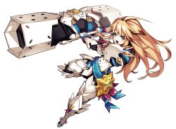 Rule 34 | 1boy, :o, armor, blonde hair, blue eyes, blue ribbon, boots, cannon, chung seiker, elsword, fighting stance, full armor, full body, gloves, highres, holding, holding weapon, huge weapon, iron paladin (elsword), long hair, male focus, official art, open mouth, ress, ribbon, solo, thigh boots, thighhighs, transparent background, weapon