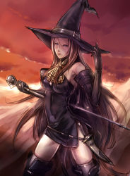 Rule 34 | 1girl, artdink, bad id, bad pixiv id, brown hair, cloud, dagger, elbow gloves, gloves, hat, highres, kazeno, knife, long hair, purple eyes, sketch, solo, staff, tactics ogre, thighhighs, weapon, witch (tactics ogre), witch hat
