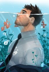 Rule 34 | 1boy, asphyxiation, bara, beard, black hair, black necktie, collared jacket, drowning, facial hair, fish, from side, goldfish, highres, jacket, jacket partially removed, male focus, matty (radicallymaxton), mature male, muscular, muscular male, necktie, original, pectorals, salaryman, short hair, sideburns, smile, solo, thick eyebrows, underwater, upper body