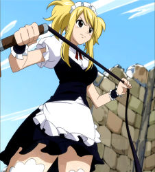Rule 34 | 1girl, angry, blonde hair, blush, brown eyes, fairy tail, female focus, lucy heartfilia, maid, outdoors, screencap, sky, solo, stitched, third-party edit, whip