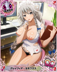 Rule 34 | 1girl, black panties, blue bow, bow, braid, breasts, breasts out, card (medium), chess piece, clipboard, female focus, grayfia lucifuge, grey eyes, grey hair, hair bow, high school dxd, highres, holding, holding clipboard, holding pen, large breasts, long hair, maid headdress, matching hair/eyes, mature female, multi-strapped panties, nipples, nurse, panties, pen, queen (chess), red lips, sitting, solo, third-party edit, torn clothes, twin braids, underwear