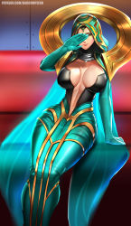 Rule 34 | 1girl, badcompzero, bodysuit, breasts, dress, elbow gloves, gloves, highres, hood, league of legends, odyssey sona, open bodysuit, open clothes, skin tight, sona (league of legends), wide hips, yellow eyes