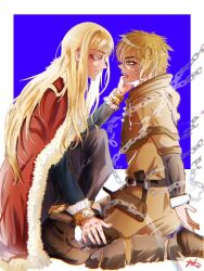Rule 34 | 2boys, artist name, belt, blonde hair, blood, blue eyes, boots, brown eyes, buckle, canute, cape, chain, chained, closed mouth, eyelashes, face-to-face, finger in another&#039;s mouth, fur trim, hand on another&#039;s leg, kneeling, long hair, looking at another, male focus, messy hair, multiple boys, open mouth, pika (pikapinku), prince, prisoner, profile, red cape, sitting, teeth, thorfinn, viking, vinland saga