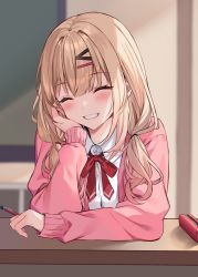 Rule 34 | 1girl, arm support, blonde hair, blurry, blurry background, blush, classroom, closed eyes, collared shirt, commentary request, desk, grin, hair ornament, hairclip, head rest, highres, hizuki higure, holding, holding pen, indoors, long sleeves, low twintails, neck ribbon, original, pen, pink sweater, red eyes, red ribbon, ribbon, school uniform, shirt, sidelocks, sitting, smile, solo, sweater, teeth, twintails, white shirt