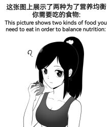Rule 34 | 1girl, ?, black hair, cannibalism, eating, english text, highres, imminent cannibalism, long hair, looking at viewer, monochrome, original, ponytail, suwin (user akpy7542), tomato, white background
