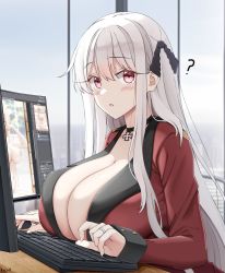 Rule 34 | 1girl, ?, adobe photoshop, black choker, blonde hair, blush, breasts, choker, cleavage, commentary request, girls&#039; frontline, griffin &amp; kryuger military uniform, hair ornament, highres, huge breasts, indoors, jewelry, kar98k (girls&#039; frontline), keenh, keyboard (computer), long hair, long sleeves, looking at viewer, looking to the side, monitor, parted lips, pink eyes, ring, solo, white hair