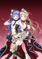 Rule 34 | 2girls, black gloves, blue hair, blush, cafe maid (love live!), checkered clothes, checkered skirt, commentary request, earrings, gloves, grey hair, hat, holding hands, jewelry, long hair, looking at viewer, love live!, love live! school idol festival, love live! school idol project, minami kotori, mini hat, multiple girls, one eye closed, one side up, open mouth, shinohara shinome, skirt, sleeveless, smile, sonoda umi, striped clothes, striped legwear, striped thighhighs, thighhighs, top hat, treble clef, yellow eyes