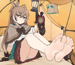 Rule 34 | 1girl, ahoge, barefoot, bow, bowtie, brown bow, brown bowtie, brown eyes, brown hair, feather hair ornament, feathers, feet, foot focus, friend (nanashi mumei), gloves, hair ornament, holding, holding shoes, hololive, hololive english, jitome, lantern, long hair, looking at viewer, nanashi mumei, nanashi mumei (1st costume), on bed, partially fingerless gloves, shoes, softhanten, tent, unworn shoes, virtual youtuber