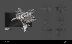 Rule 34 | blueprint (medium), caldari state (eve online), character sheet, commentary, concept art, copyright name, eve online, frigate (eve online), from side, grey background, grey theme, highres, logo, military vehicle, multiple views, no humans, okraf, original, science fiction, spacecraft, vehicle focus