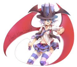 Rule 34 | 1girl, :d, belt, blue (rbb), blue eyes, blue hair, collarbone, hat, highres, holding, large wings, looking at viewer, matching hair/eyes, microphone, navel, necktie, open mouth, rainybluebell, rojiko, shirt, short hair, simple background, skirt, smile, solo, striped clothes, striped thighhighs, thighhighs, top hat, white background, white shirt, wings