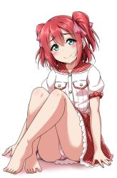 Rule 34 | 1girl, aqua eyes, bare legs, barefoot, blush, breast pocket, commentary request, crossed ankles, feet, hair ribbon, knees up, kurosawa ruby, looking at viewer, love live!, love live! school idol festival, love live! sunshine!!, panties, pantyshot, pink panties, pink ribbon, pocket, red hair, red skirt, ribbon, short sleeves, simple background, sitting, skirt, smile, solo, toes, two side up, underwear, white background, yopparai oni