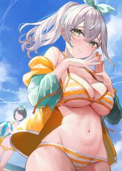 Rule 34 | 2girls, absurdres, ball, bare shoulders, beach, beachball, bikini, blue sky, blush, bow, braid, breasts, cleavage, cloud, cosplay, cowboy shot, day, faceless, faceless female, fingernails, green eyes, grey hair, hair between eyes, hair bow, hair ornament, highres, hololive, jacket, jacket partially removed, large breasts, light blush, light smile, long hair, looking at viewer, looking down, multiple girls, navel, ocean, oozora subaru, oozora subaru (cosplay), oozora subaru (hololive summer 2019), open clothes, open jacket, own hands together, ponytail, rum raisin (chihiromakita19), shirogane noel, sidelocks, sky, smile, solo focus, standing, stomach, striped bikini, striped clothes, swimsuit, thick eyelashes, virtual youtuber, water, yellow bikini