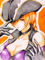 Rule 34 | 1girl, bare shoulders, black choker, black gloves, breasts, choker, cleavage, dead or alive, dead or alive 6, female focus, gloves, hat, highres, jacket, kasumi (doa), large breasts, long hair, pirate costume, pirate hat, sleeveless, solo, tagatamest