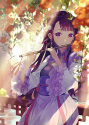 Rule 34 | 1girl, blunt bangs, blurry, blurry foreground, breasts, closed mouth, cowboy shot, day, depth of field, double bun, earrings, flower, flute, frilled sleeves, frills, hair bun, hair flower, hair ornament, hands up, hanging plant, highres, holding, holding instrument, instrument, japanese clothes, jewelry, kimono, kusaka kou, long hair, long sleeves, obi, original, outdoors, purple eyes, purple hair, purple kimono, railing, sash, sidelocks, small breasts, smile, solo, standing, tassel, tassel earrings, two side up, wavy hair, white flower, wide sleeves