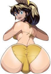 1girl absurdres ass bikini blue_eyes bow brown_hair commission cropped_legs crotch_seam hair_between_eyes hair_bow highres long_hair looking_back m.u.g.e.n mousepad mousepad_(medium) oggy_(oggyoggy) open_mouth original ponytail ryuko_(oggyoggy) shiny_skin skeb_commission solo string_bikini swimsuit transparent_background yellow_bikini yellow_bow