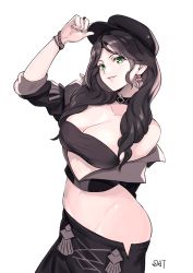 Rule 34 | 1girl, alternate costume, arm up, black choker, black hair, black hat, breasts, choker, cleavage, clothes pull, collarbone, da-cart, dorothea arnault, duplicate, ear piercing, earrings, eyes visible through hair, fire emblem, fire emblem: three houses, green eyes, hair between eyes, hat, headwear request, highres, holding, jewelry, lips, long hair, looking at viewer, medium breasts, navel, nintendo, open clothes, parted lips, piercing, ring, signature, simple background, skirt, sleeves rolled up, smile, solo, strapless, tube top, unworn skirt, upper body, white background