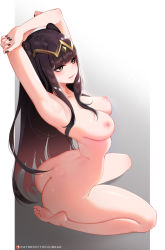 Rule 34 | 1girl, arched back, armpits, arms behind head, arms up, ass, barefoot, black nails, blush, breasts, circlet, closed mouth, completely nude, feet, fire emblem, fire emblem awakening, gradient background, highres, legs, long hair, medium breasts, nail polish, nintendo, nipples, nude, scan, sitting, tharja (fire emblem), tofuubear, two side up, wariza
