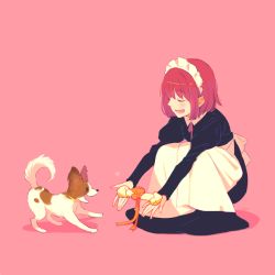 Rule 34 | 1girl, animal, apron, black dress, blush, bob cut, bone, chihuahua, closed eyes, dog, dress, frilled hairband, frills, from side, full body, gift, hairband, heart, holding, juliet sleeves, limited palette, long dress, long sleeves, lower teeth only, maeya susumu, maid, maid headdress, muted color, neck ribbon, open hands, open mouth, orange ribbon, original, outstretched arms, pink theme, puffy sleeves, ribbon, short hair, signature, simple background, smile, squatting, teeth, u u, valentine, waist apron, white apron, white hairband, wing collar