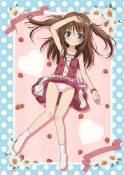 Rule 34 | 1girl, absurdres, arm up, armpits, bag, blue eyes, brown hair, clothes lift, dress, dress lift, feet, hand on own head, highres, hokoro, knees together feet apart, legs, long hair, lying, no shoes, nukui kurumi, on back, panties, pink panties, red dress, ribbon, sleeveless, sleeveless dress, socks, solo, sundress, tenshi no 3p!, twintails, two side up, underwear, white socks