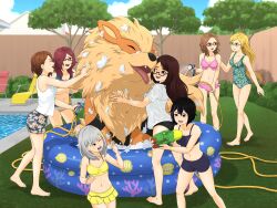 Rule 34 | 1boy, absurdres, animal, arcanine, blonde hair, blush, breasts, brown hair, cleavage, creatures (company), fluffy, game freak, gen 1 pokemon, glasses, grass, grey hair, haosekii, happy, highres, leotard, licking, medium breasts, multiple girls, navel, nintendo, one-piece swimsuit, original, outdoors, pokemon, pool, red hair, shirt, size difference, skirt, small breasts, standing, swimsuit, t-shirt, tongue, trainer iris, tree, two-piece swimsuit, water gun, wet, wet clothes, wet shirt