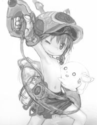 Rule 34 | 1boy, blush, closed mouth, collarbone, elebits, gloves, goggles, goggles on head, greyscale, hat, innertube, looking at viewer, male focus, monochrome, navel, one eye closed, smile, solo, swim ring, tsukushi akihito, zero (elebits)
