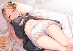 Rule 34 | 1girl, abigail williams (fate), black bow, black dress, blonde hair, bloomers, bow, breasts, closed eyes, dress, fate/grand order, fate (series), food, forehead, hair bow, long hair, milkshakework, multiple bows, navel, orange bow, pancake, parted bangs, plate, polka dot, polka dot bow, ribbed dress, sleeping, sleeves past fingers, sleeves past wrists, small breasts, thighs, underwear, white bloomers
