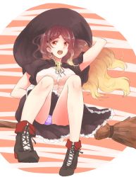 Rule 34 | 1girl, alternate costume, bat hair ornament, blonde hair, boots, braid, broom, broom riding, brown hair, capelet, commentary request, cross-laced footwear, gradient hair, hair ornament, halloween, halloween costume, hand on headwear, hat, hijiri byakuren, long hair, looking at viewer, mayoln, multicolored hair, panties, pantyshot, red eyes, shirt, sitting, skirt, solo, striped clothes, striped panties, touhou, underwear, very long hair, witch hat