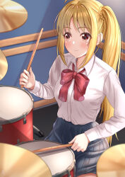 Rule 34 | 1girl, ahoge, akiyama0818, black skirt, blonde hair, blush, bocchi the rock!, bow, breasts, closed mouth, collared shirt, commentary, cowboy shot, drum, drum set, drumsticks, half updo, highres, holding, holding drumsticks, ijichi nijika, indoors, instrument, long hair, long sleeves, looking ahead, miniskirt, music, parted bangs, playing instrument, pleated skirt, red bow, red eyes, shirt, side ponytail, sidelocks, sitting, skirt, small breasts, smile, solo, straight hair, sweat, very long hair, white shirt